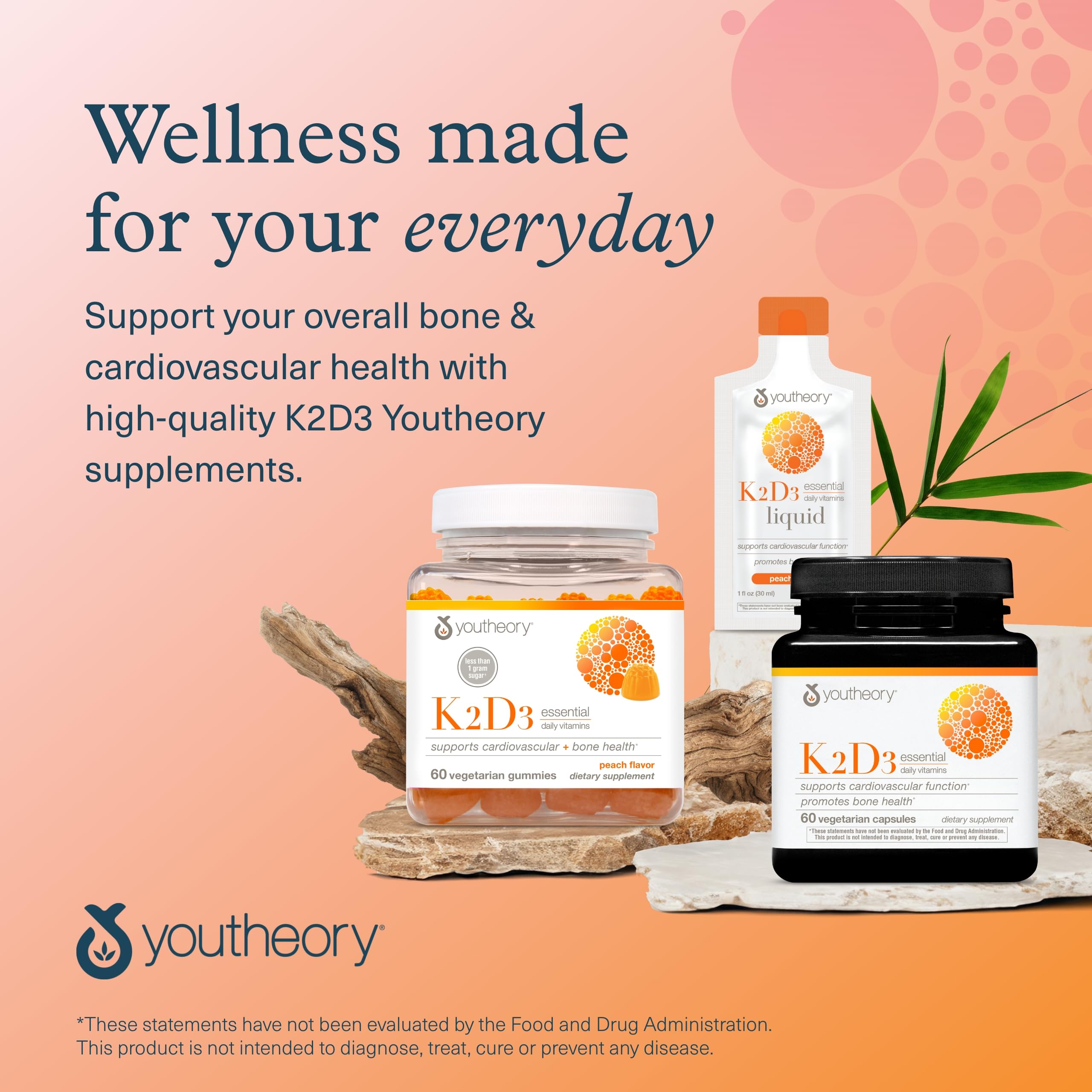 Youtheory K2D3 - Bone & Heart Health Support* - Combines Vitamin D3 & Vitamin K2 - Dairy, Soy & Gluten Free - 60 Vegetarian Capsules