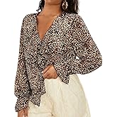 OYOANGLE Women's Cheetah Print Lantern Long Sleeve Ruffle Blouse Button Up V Neck Dressy Tops