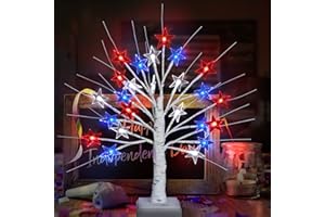 MOSOAN 4th of July Decorations 18 Inch Patriotic Decor Tree with 24 Red White Blue LED Star Lights, USB/Battery Operated Fourth of July Decor Tree Light Memorial Day Decorations for Home Table Party [Timer]