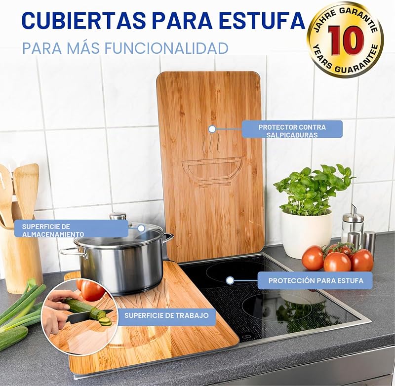 Placas protectoras para cocina Mod Almuerzo, ajustable en altura para todo tipo de cocinas, tabla de cortar y protector contra salpicaduras, vidrio, 30 x 52 cm, juego de 2