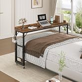 MAHANCRIS Overbed Table with Wheels, Mobile Bed Desk for Queen Size, Rustic | 36"-43.5" Adjustable Height, Rolling Table with Tilt Top, Bookshelf, Cup Holder, 4 Hooks, for Home, Office &amp; Hospital Use