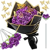 Riceshoot 25 Sets Ribbon Rose Bouquet DIY Fake Roses with Stems Faux Flowers Bouquet Kit Wrapping Paper Crown 3D Butterflies for Graduation Anniversary Birthday Wedding Gift(Purple)