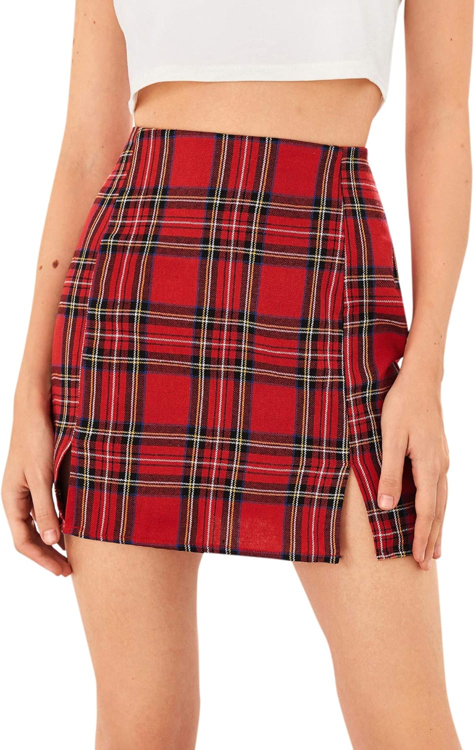 WDIRARA Women's Basic High Waist Bodycon Mini Plaid Uniform Skirt: Clothing