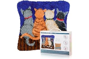 Msoesticc.dl Latch Hook Kits for DIY Throw Pillow Cover, Cute Cat Pattern Sofa Cushion Cover Latch Hook Craft Kits with Printed Canvas for Beginners Adults - 17 x 17 Inch