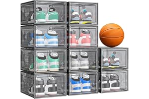 caktraie 10 Pack Thicken Shoe Organizer Stackable,Upgraded Sturdy Shoe Storage Box with Magnetic Door,Shoe Containers For Sneaker Display,Hat Organizer,Black…