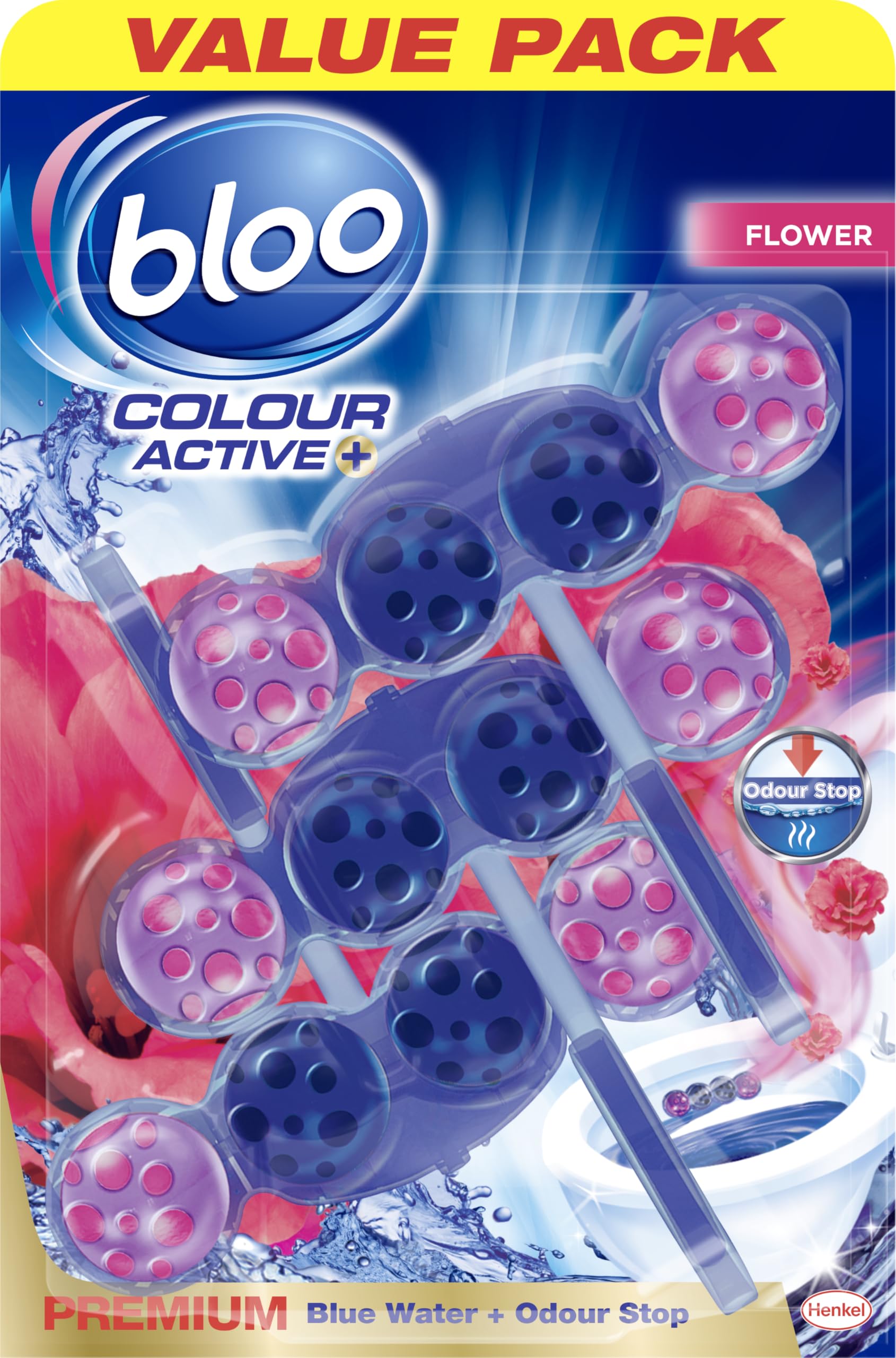 Bloo Colour Active Toilet Rim Block Fresh Flowers with Anti-Limescale, Cleaning Foam, Dirt Protection and Extra Freshness with Bloo Odour-Stop Technology, Pack of 3 Rimblocks