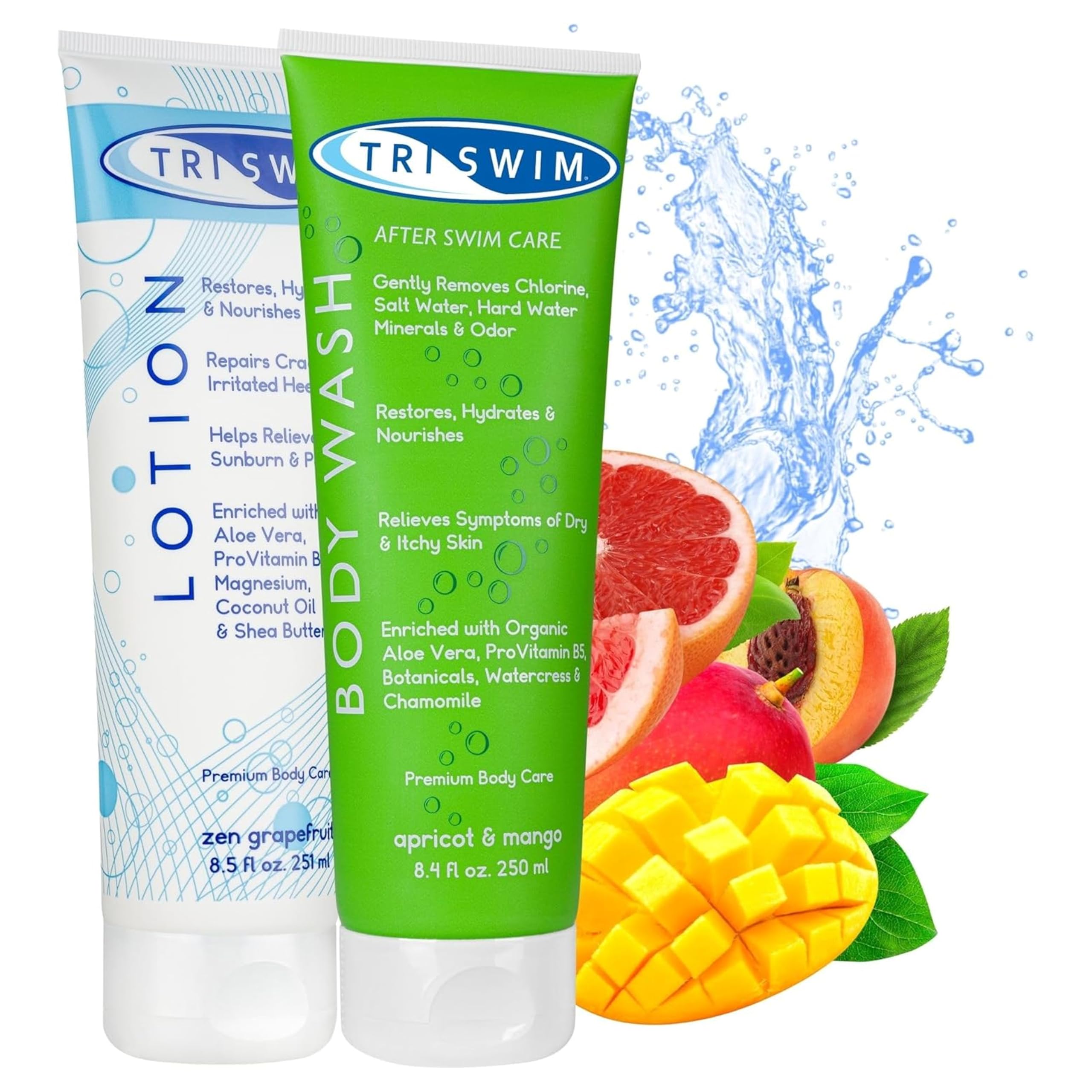 TRISWIM Chlorine Removal Body Care Bundle for Swimmers, After Swim Body Wash and Body Lotion, Shower Gel For Swimmers & Body Moisturiser For Dry Skin, Anti-Chlorine Skin Treatment, Vegan- 2x250ml