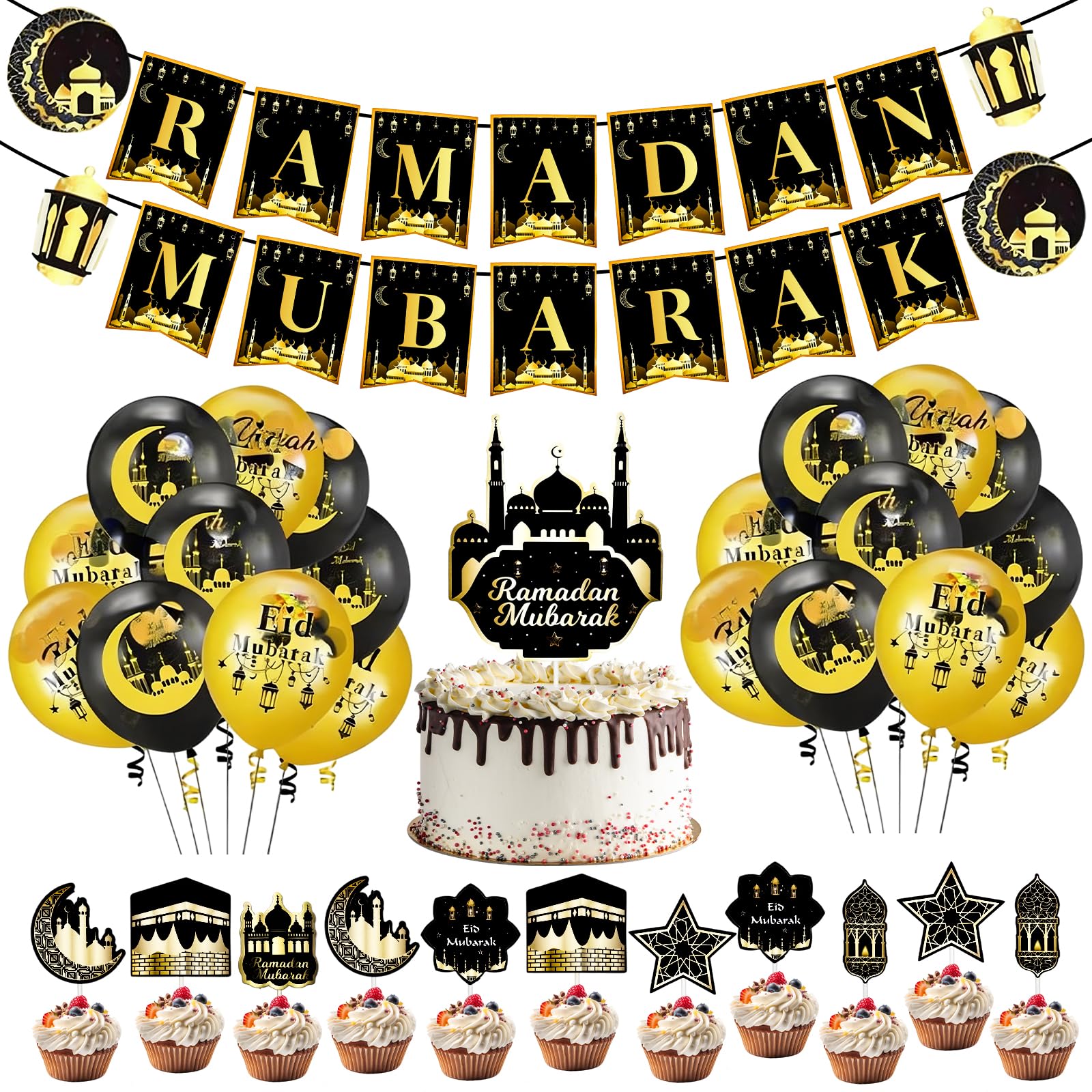 Ramadan Mubarak Party Decoration Banner, 10Pcs Black Gold Ramadan Decor Balloons with 13Pcs Cake Toppers, Ramadan Decorations for Home, Eid Decorations for Indoor