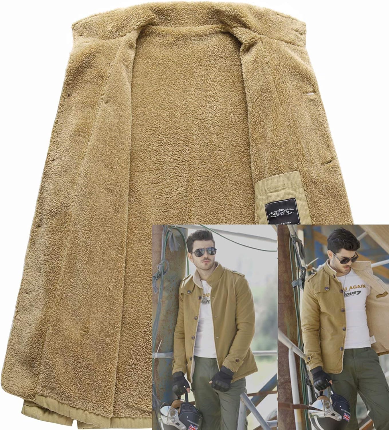Vcansion Men's Winter Cotton Fleece Lined Jacket Coat Single Breasted Outerwear: Clothing