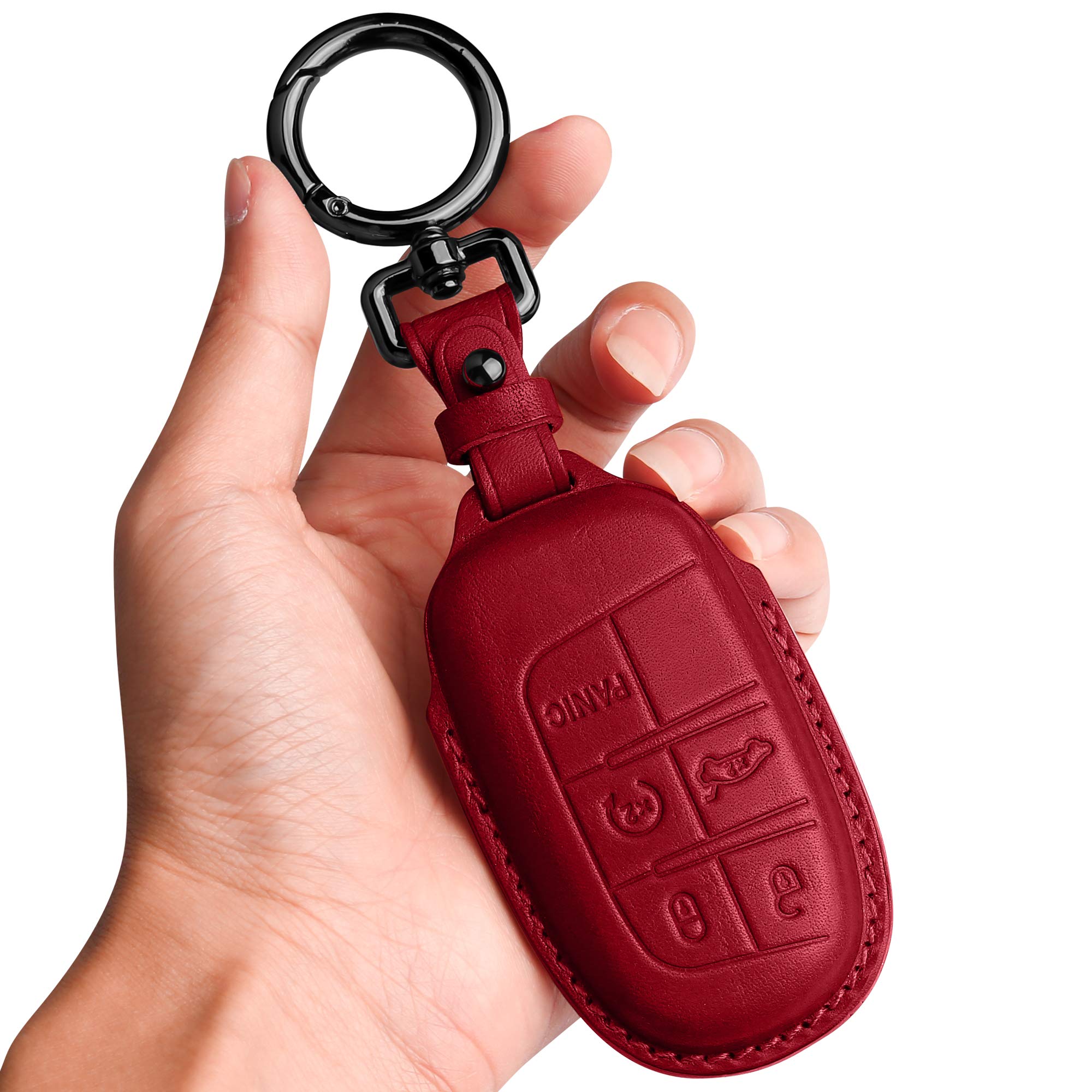 Tukellen for Jeep Key Fob Cover Leather,Leather Key Case Protector Compatible Jeep Grand Cherokee Renegade Chrysler 200 300 Dodge RAM Durango Challenger Journey Dart Fiat (only for Keyless go)-Red