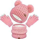 Wandx Kids Winter Hat Gloves Scarf Set Fleece Lined Beanie with Pom knitted Neck Warmer for Boys Girls Aged 2-15 Cold Weather