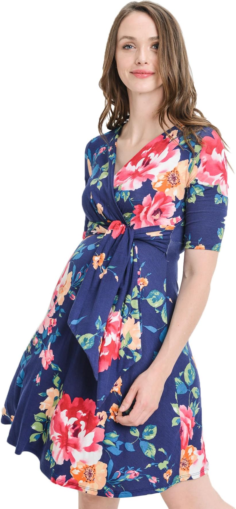 Hello MIZ Women's Floral Faux Wrap Side Tie Nursing and Maternity Dress