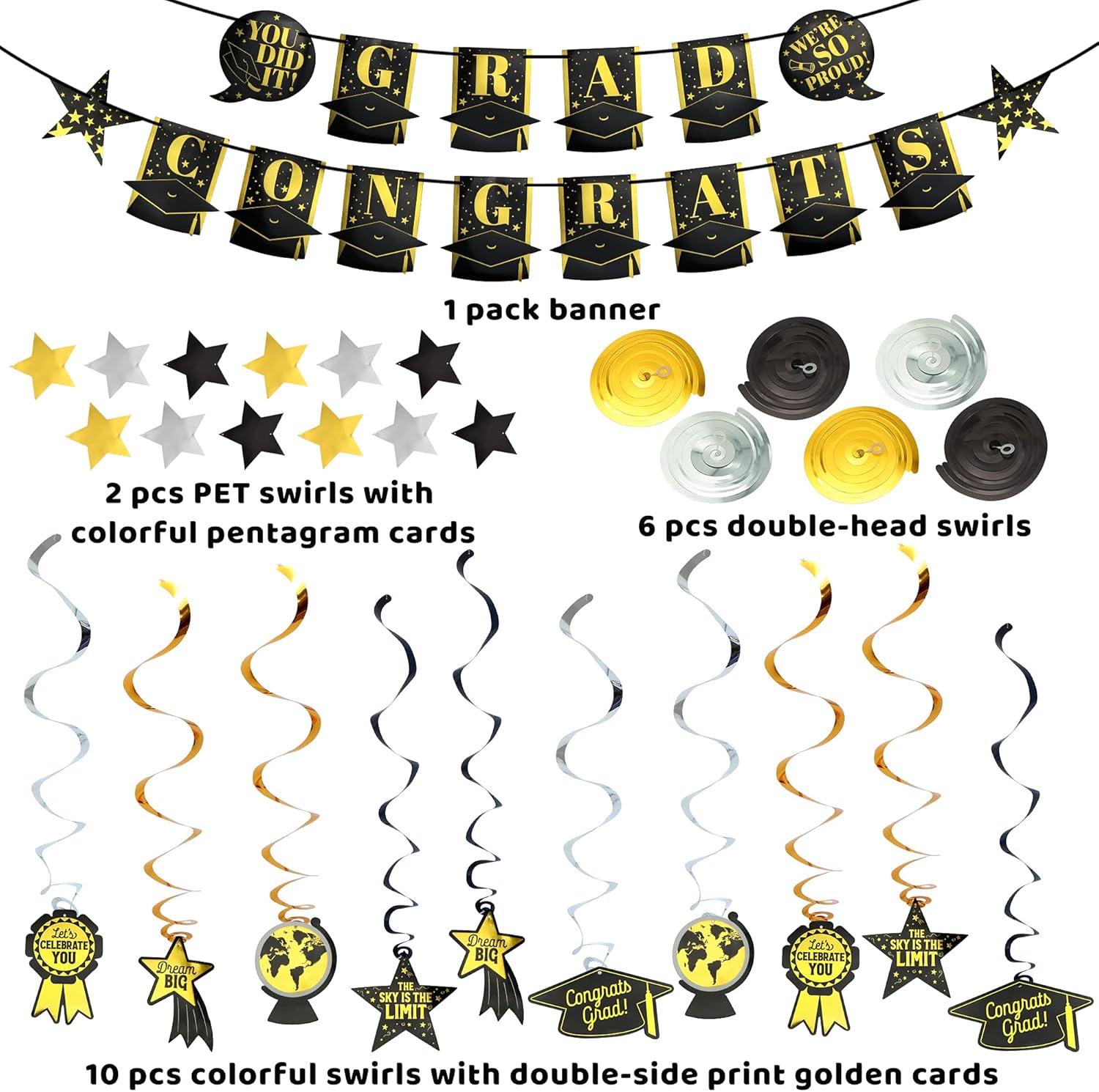 JOYIN 19 Pcs 2021 Graduation Decoration Set Includes 1 Congrats Grad Banner and 18 pcs Hanging Swirls Strings, Black Gold Graduation Party Decoration, Graduation Party Supplies: Toys & Games