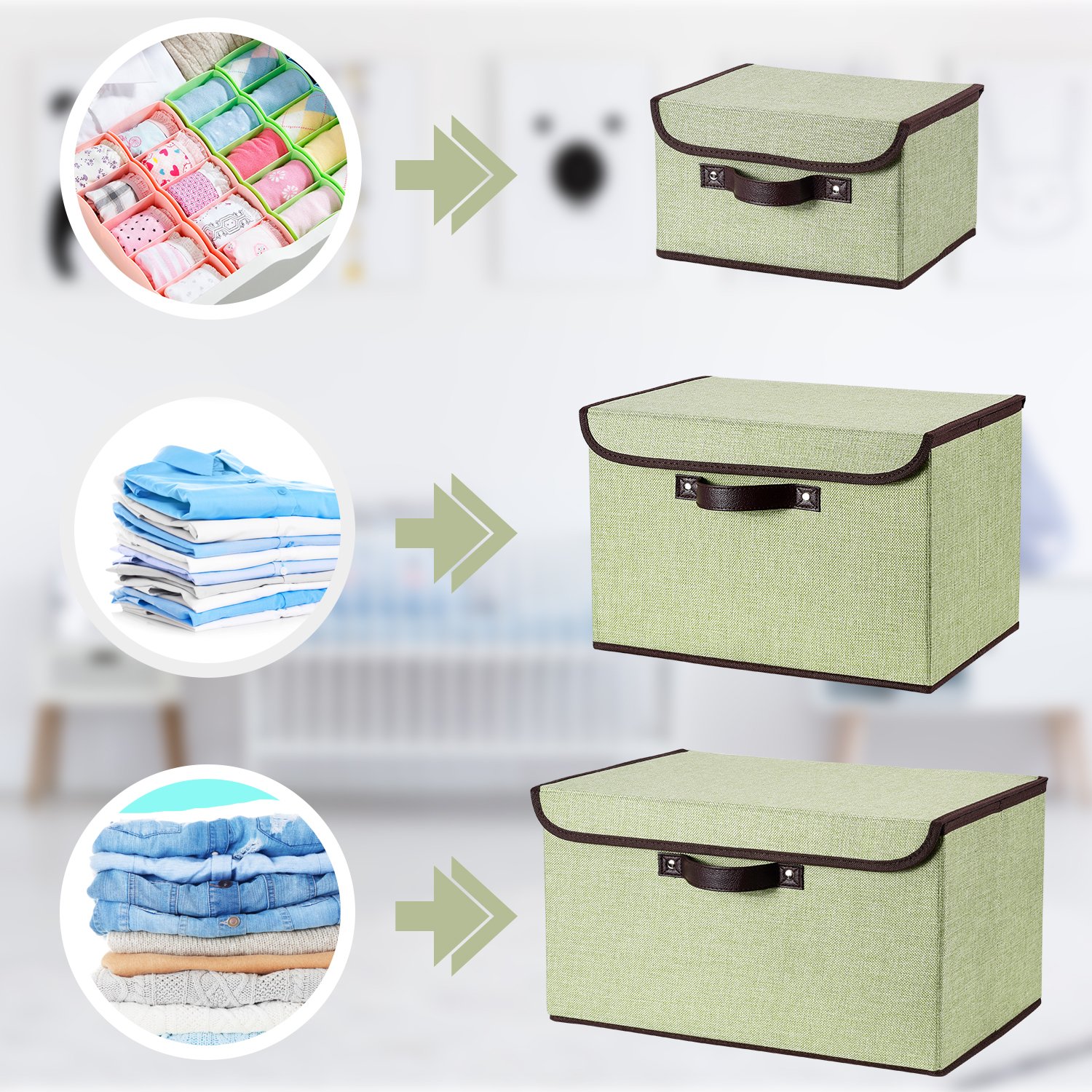 senbowe Storage Bins, Set [3-Size] Foldable Storage Cubes Box Lids Handles, Collapsible Storage Basket Containers Organizer Linen Fabric Home, Office, Nursery, Closet, Bedroom