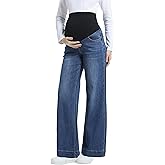 CFRTMTBB Women's Maternity Jeans Wide Leg Over The Belly Support Stretch Pregnancy Denim Loose Wide Pants with Pockets
