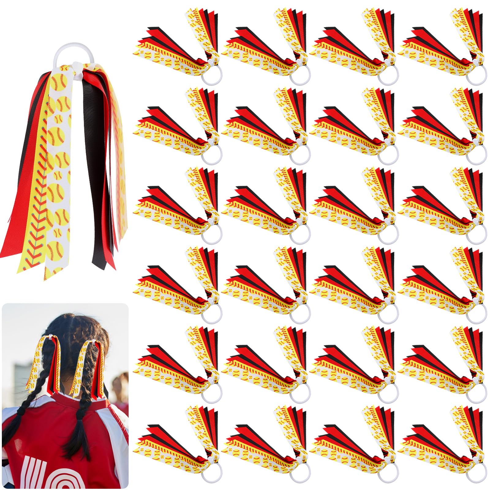Photo 1 of 24 Pcs Softball Hair Accessories for Girls, Holder Streamer Elastics, Softball Hair Ties, Softball Ribbon,Softball Scrunchies for Girls Ponytail Holder Scrunchies Gifts