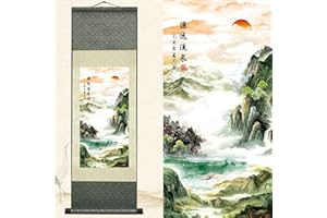 Newscz Asian Wall Art Silk Scroll Painting Mountains and Rivers Sunrise Landscape Painting Art Poster Vertical Wall Scroll Asian Home Decor for Living Room Wall Mural 36 by 12 in