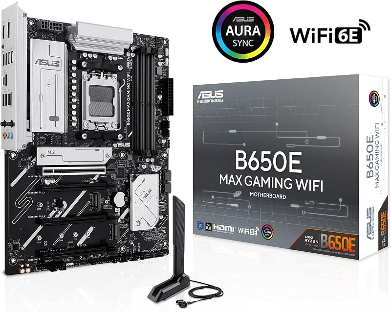 B650E MAX Gaming WiFi - Motherboard AMD B650 ATX, DDR5, PCIe 5.0, três ranhuras M.2, Wi-Fi 6E, Realtek 2.5Gb Ethernet, DisplayPort, HDMI, USB 10 Gbps Tipo-A e Tipo-C, BIOS Flashback, Aura Sync