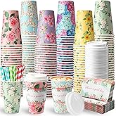 Jingmore 48 Set 16oz Disposable Paper Coffee Cups with Lids Sleeves Straws Holiday Paper Drinking Cups Bulk for Hot Cold Beverages Home Business Cafe Birthday Party Supplies (Floral)