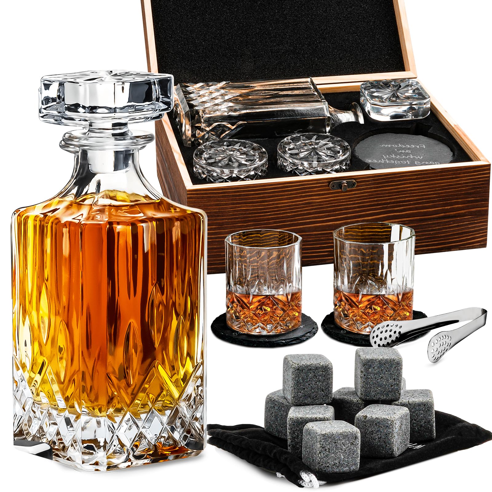 Photo 1 of Whiskey Decanter Set for Men, Whiskey Decanter Gift Set with 2 Glasses & Cooling Stones, Engraved 25 Oz Liquor Decanter with Coasters & Tongs, Great Gift Idea for Man Father, Bourbon or Scotch lovers