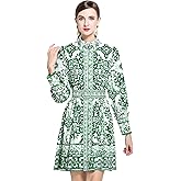 LAI MENG FIVE CATS Women's Button up Floral Print Long Sleeve Casual A-line Mini Shirt Dress with Belt
