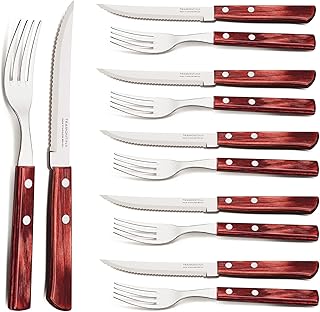 Tramontina 29899/219 Steakbesteck, Pizzabesteck, Set 12 teilig, Edelstahl AISI 420, roter Echtholzgriff
