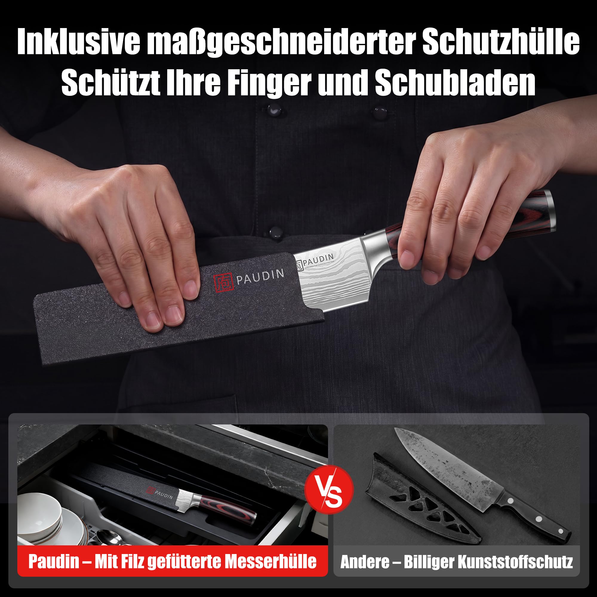PAUDIN Kochmesser, Klingenlänge 20 cm Profi Küchenmesser Messer Chefmesser Allzweckmesser aus hochwertigem Carbon Edelstahl, Extra Scharfe Messerklinge mit ergonomischem Griff 6