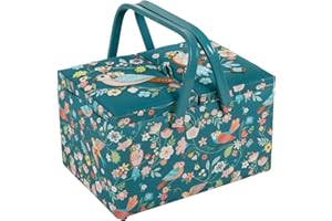 Hobby Gift Large Sewing Box - Twin Lid Craft & Hobby Storage, Accessories Tray Pin Cushion Pockets PVC Handles, 12 x 8.3 x 7.7 - Bird Aviary