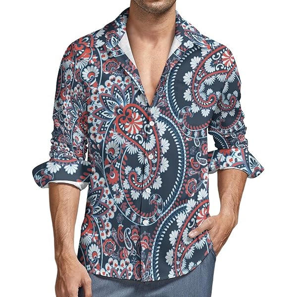 Amazon.com: Red Blue White Paisley Long Sleeve Button Down Shirts