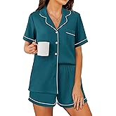 Ekouaer Womens Waffle Knit Pajama Sets Soft Short Sleeve Button Down Sleepwear Cozy 2 Piece Pjs Shorts Set