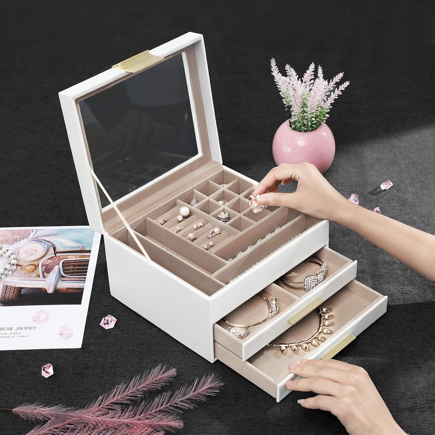 SONGMICS Jewelry Box with Glass Lid, 3-Layer Jewelry Organizer with 2 Drawers, Gift for Loved Ones, White UJBC239WT: Home & Kitchen