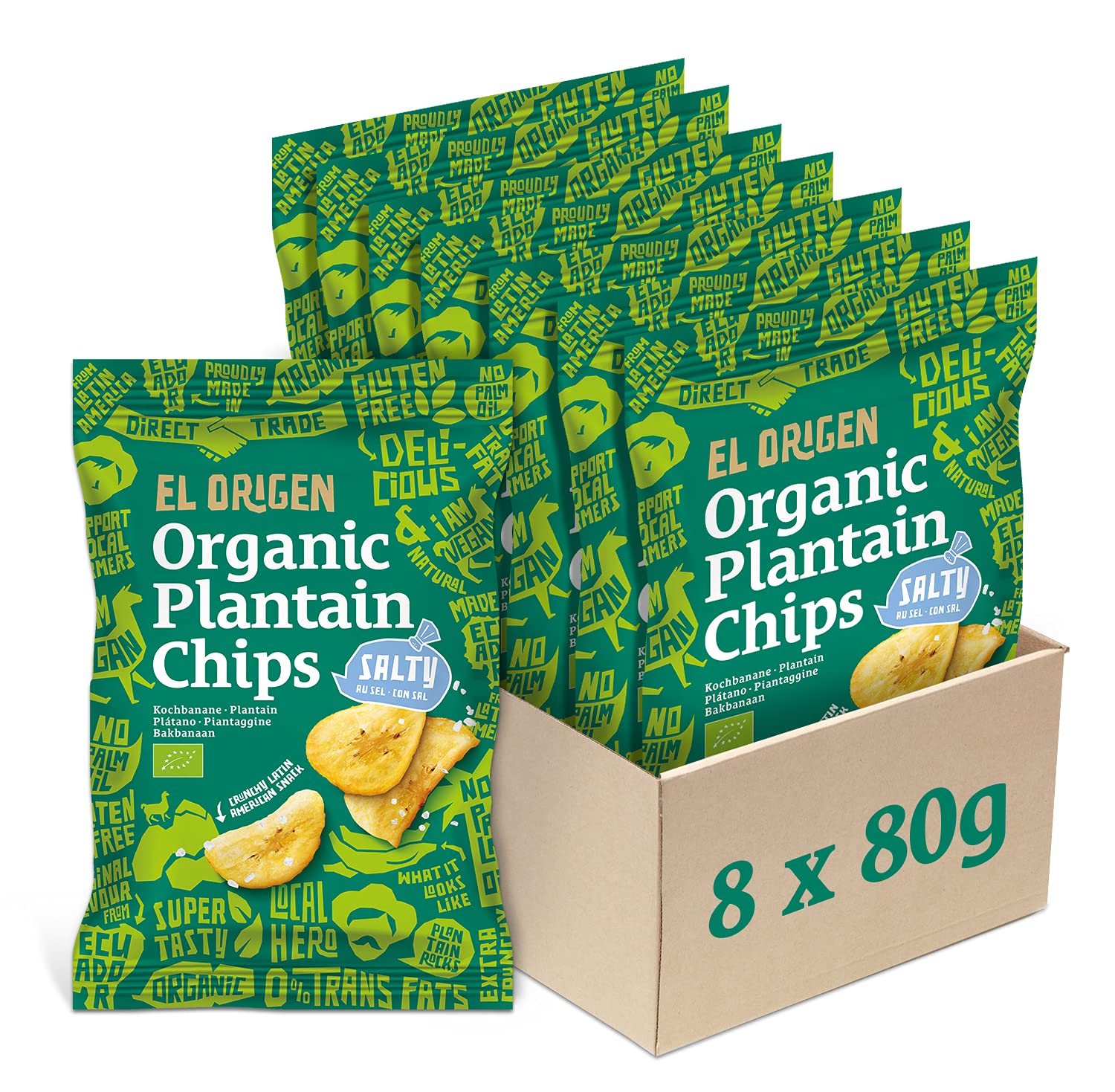 el origen Bio‑Kochbananen Chips mit Meersalz 8×80 g - vegan, glutenfrei, palmölfrei, direkt geerntet & produziert in Ecuador, purer Genuss
