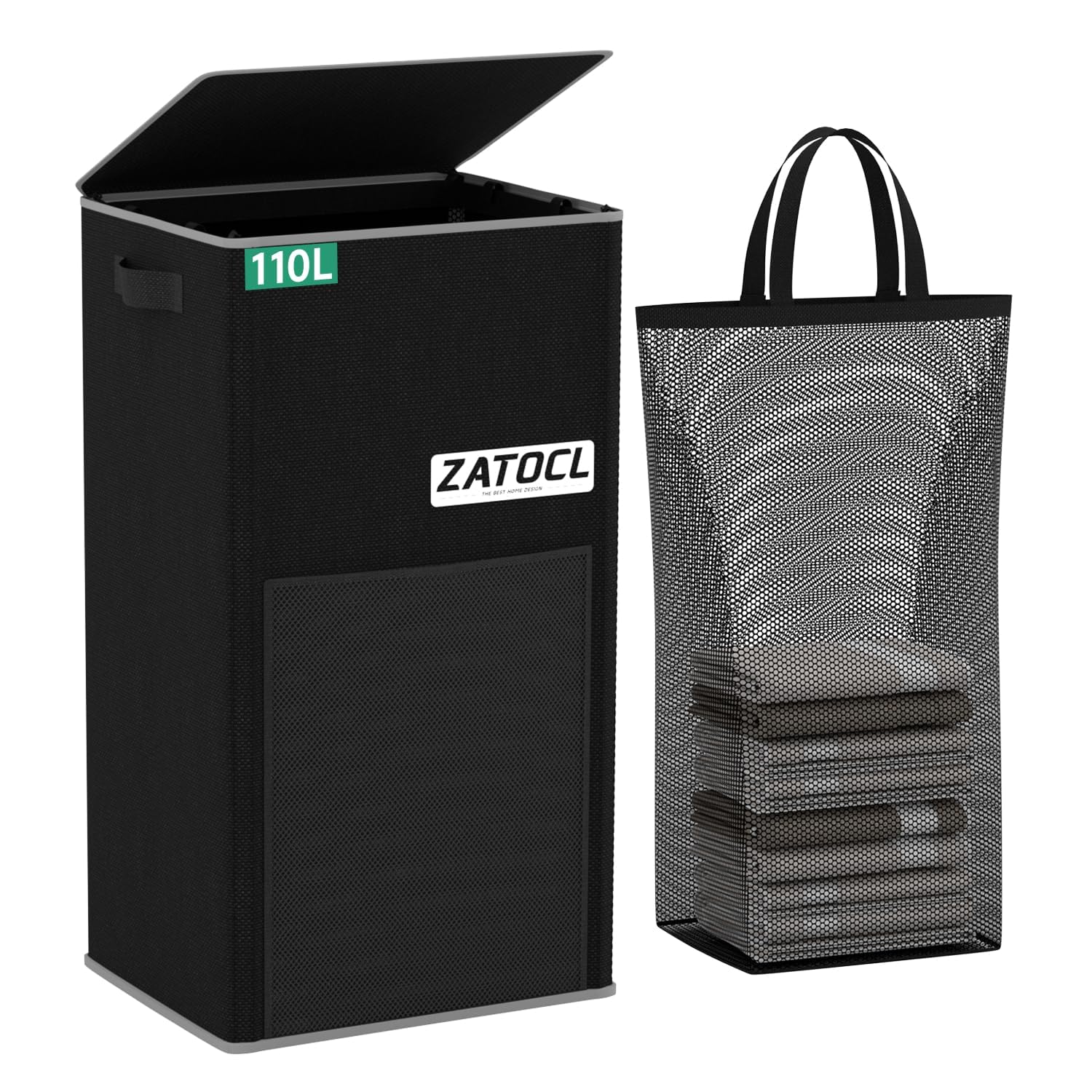 Photo 1 of 110L Laundry Hamper with Lid with Washing Bag & Front Mesh Bag, Large & Tall Laundry Basket, Collapsible Dirty Clothes Hampers for Bedroom Aesthetic, Bathroom, Dorm, Laundry Room - Easy Carry, Black