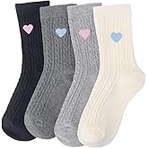 Jspupifip 4 Pairs Novelty Cute Crew Socks for Women Cozy Cotton Socks with Embroidery Heart Pattern for Everyday Casual Wear