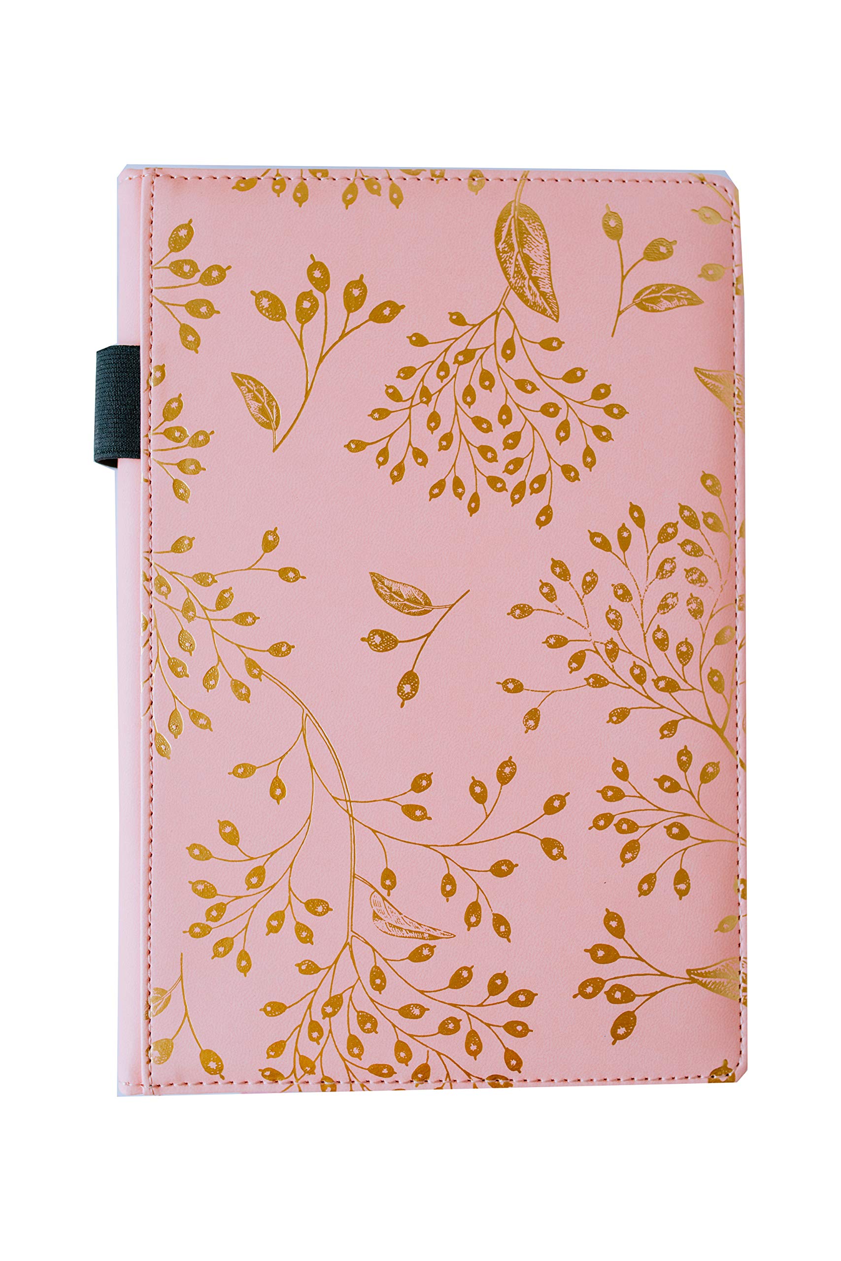 EJRange Notebooks A5 Lined Journal - PU Leather, Wipe Clean Cover, Soft Feel, Ribbon, Ruled, 192 Pages, Gold Leaves Design (Pink)