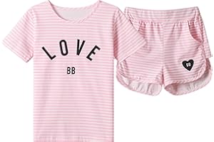 Hupohoi Big Girls Summer Cute Pajama Sets Striped Hearts Shape Printed Sleepwear