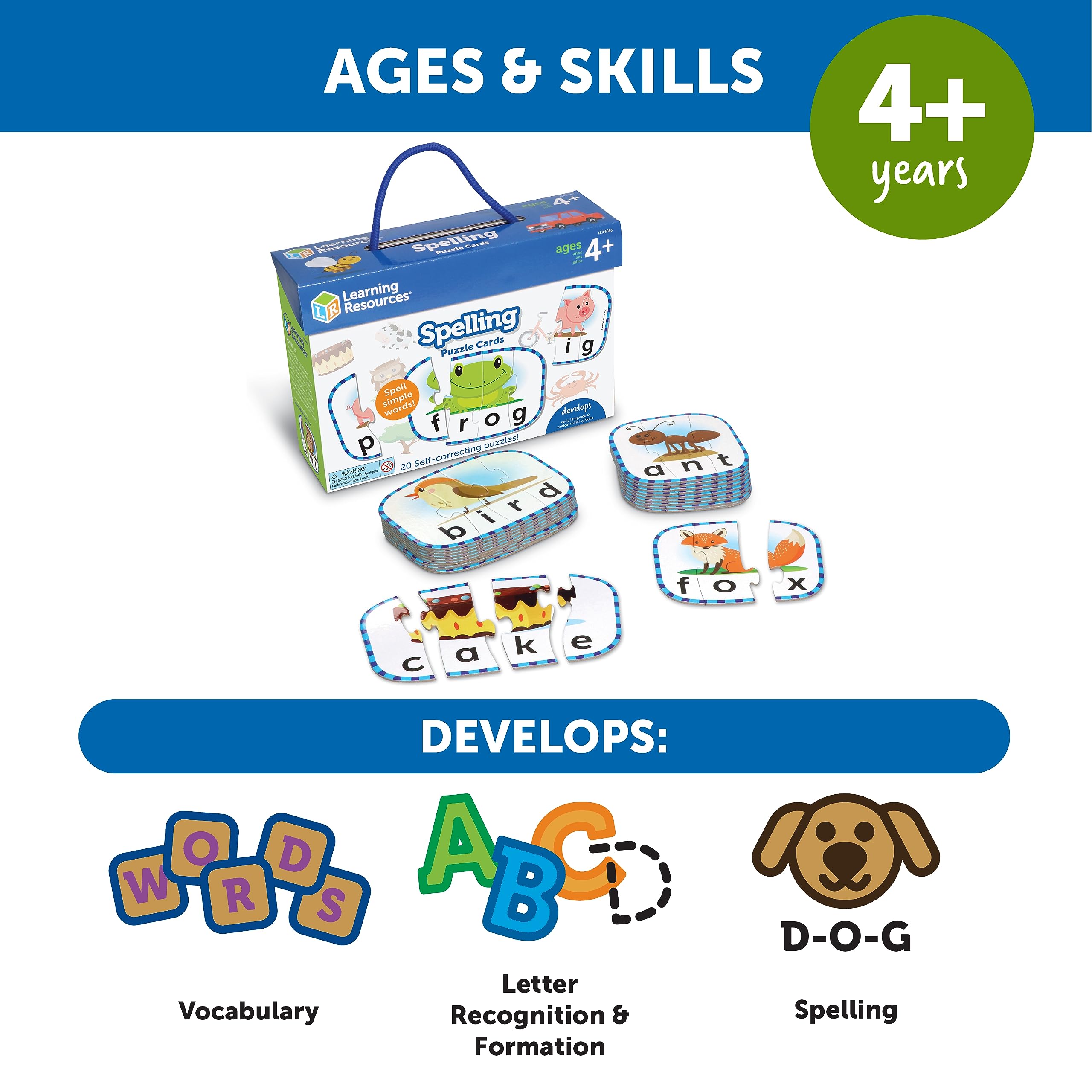 Learning Resources Spelling Puzzle Cards, Kindergarten Readniness, Self Correcting Puzzles, Ages 4+