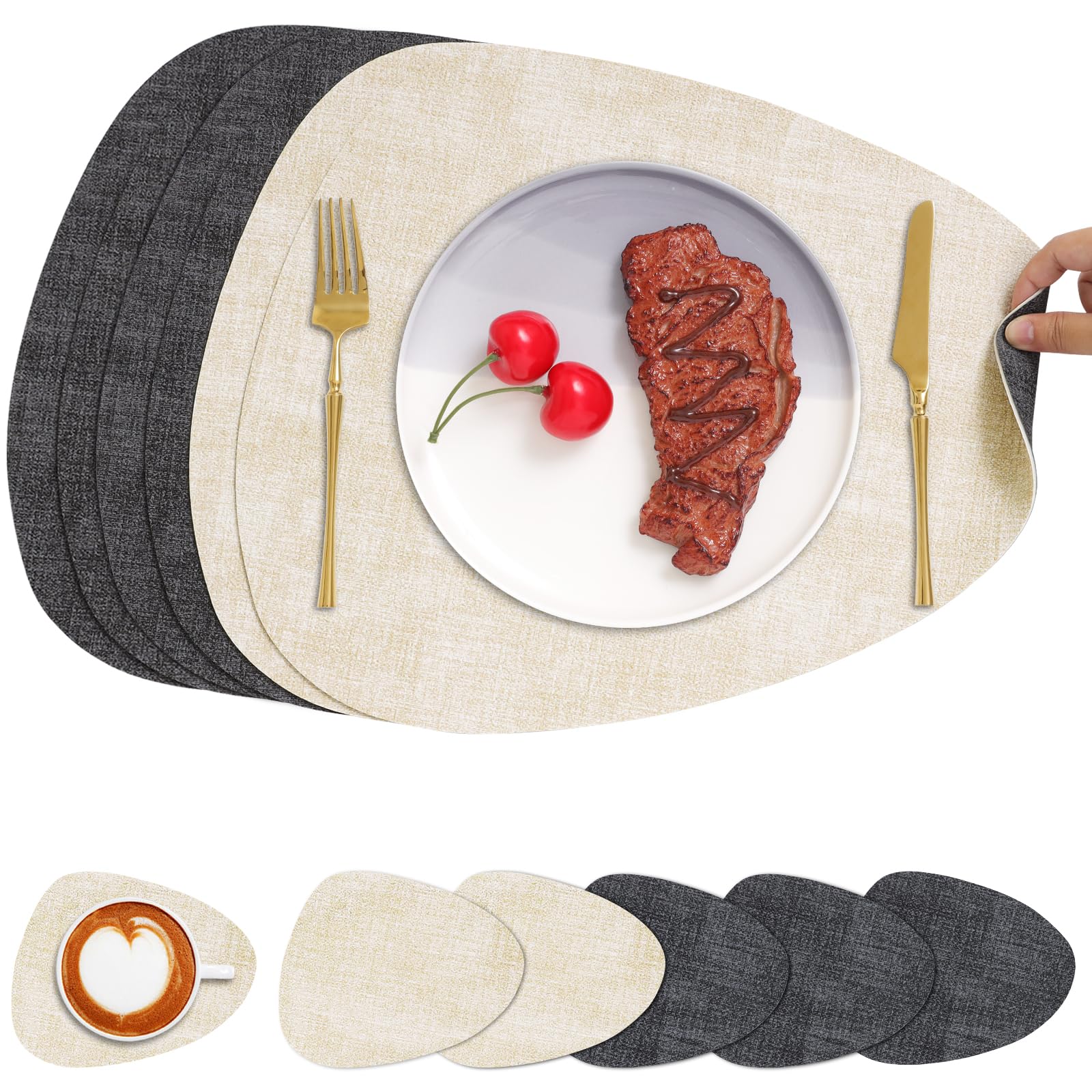 Chitomars Placemats and Coaster Set of 6, Place Mats Table Mats Coffee Mats Placemats set of 6 Triangle Waterproof Wipeable Dual Sided Kitchen Heat Resistant Non-Slip Washable