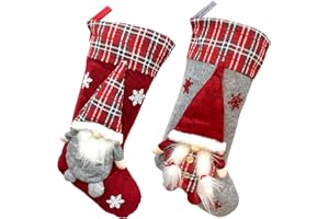 Meajore 2 Pcs Christmas Stockings New Set, 3D Gnomes Santa Christmas Stockings Personalized (18inch) Soft Classic Red and Grey Fireplace Hanging for Family Holiday Xmas Party Decorations