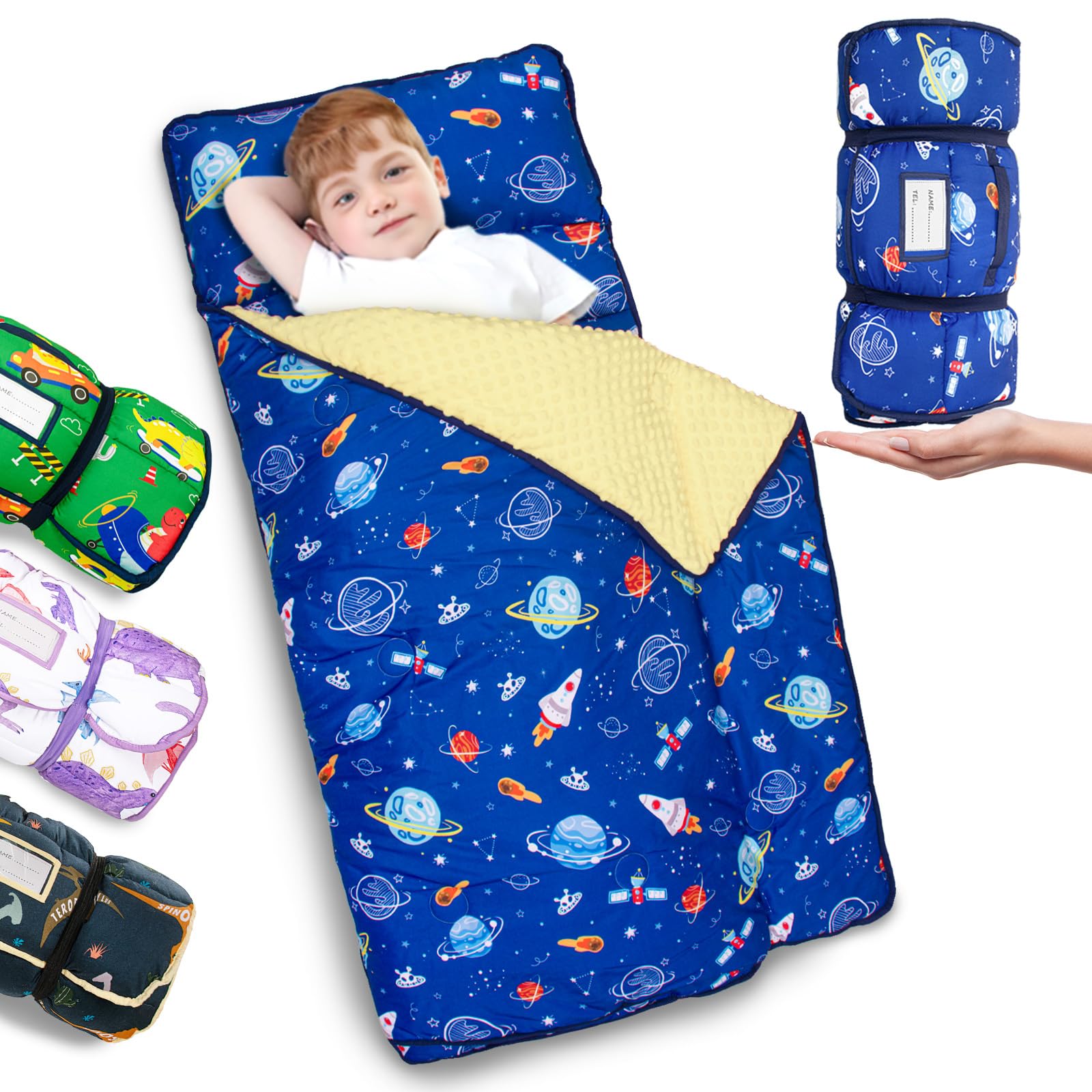 Primlect Thickened Toddler Nap Mat with Removable Pillow and Minky Blanket, Extra Large 55''x35'' Sleeping Bag, Washable, Roll up, Perfect for Daycare, Preschool, Kindergarten, Boys and Girls (Space)