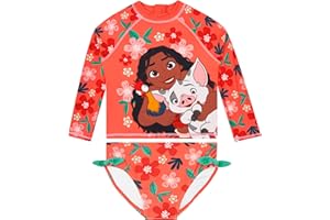 Disney Moana Girls Swimsuit, Princess Kids Swimsuit, Long Sleeve Moana Bathing Suit with Bows, Bathing Suits for Girls