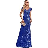 XUIBOL Womens Sequined Short Sleeves Long Formal Dress with V-Neck for Evening Event Nightout Club Gown Silver Paillette