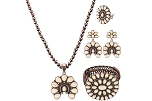 JMScape 4 PCS Western Turquoise Jewelry for Women Boho Vintage Navajo Pearl Necklace Earring Bracelet Ring Set Country Cowgirl Accessories for Gift