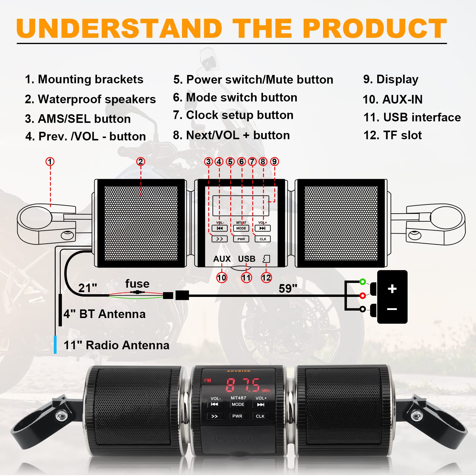 Motorcycle Speaker Systems BT Waterproof Stereo Speakers Bar Mount 7/8-1.25 inch with AUX-in, USB, microSD, FM Radio,Audio Amplifier System for Motorcycle ATV UTV (MT487)