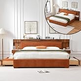 King Wood Bed Frame with 2 Nightstands &amp; Drawers, Ocher Linen Headboard | Natural Wood Grain &amp; Luxury Upholstered Bed Frame with Storage Headboard, No Box Spring Needed, Easy Assembly