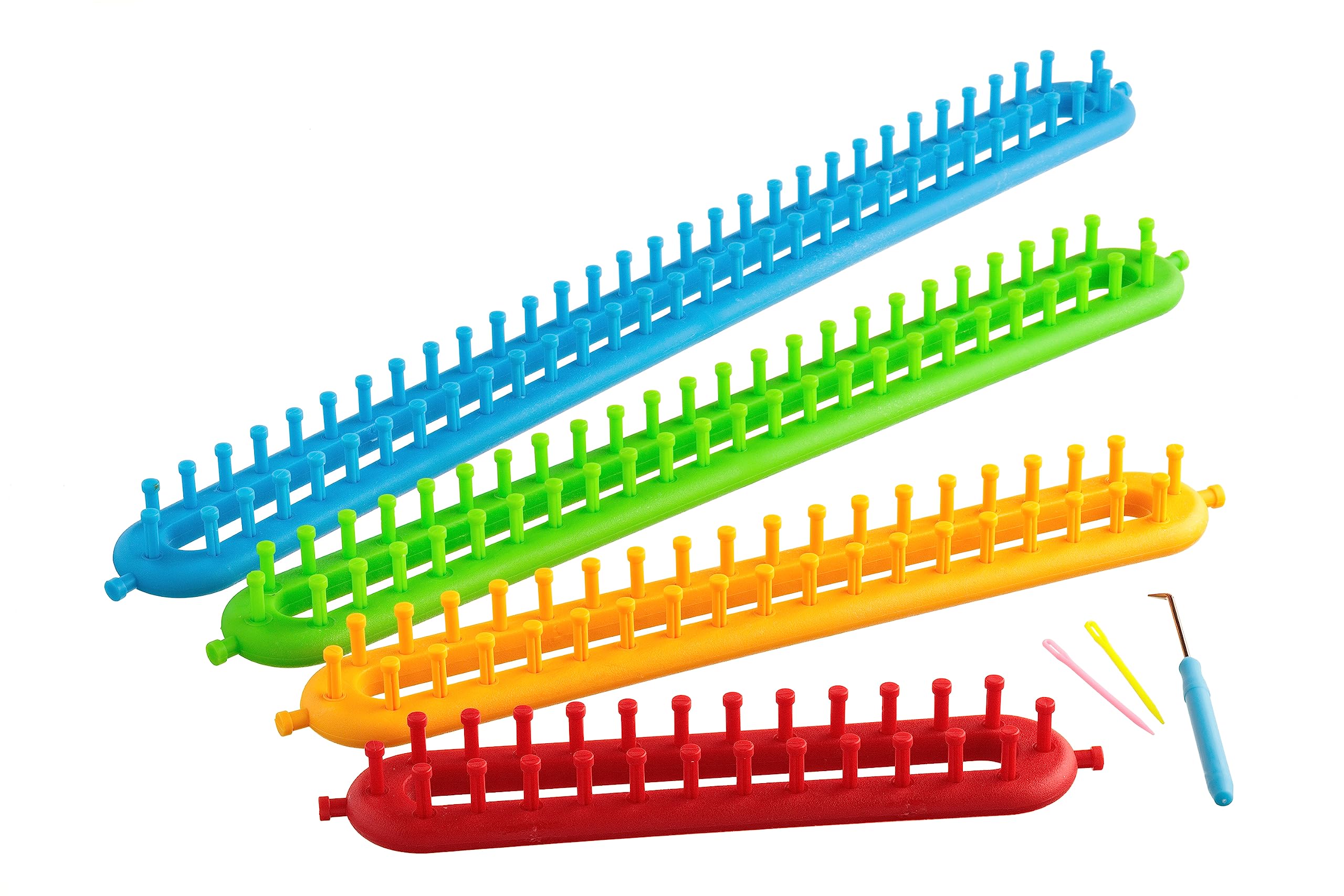 The Quilted Bear Long Knitting Loom Set - Easy Knit 4 Piece Peg Loom with 2 Pins, Loom Knitting Hook Tool & Instruction Leaflet for Scarves, Hats & More!