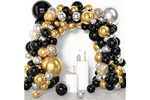 Amandir 153pcs Black and Gold Balloons Arch Garland Kit Different Sizes 18 12 10 5inch Silver Latex Metallic Confetti Balloons for Happy New Years Decorations 2026 Birthday New Year Eve Party Supplies