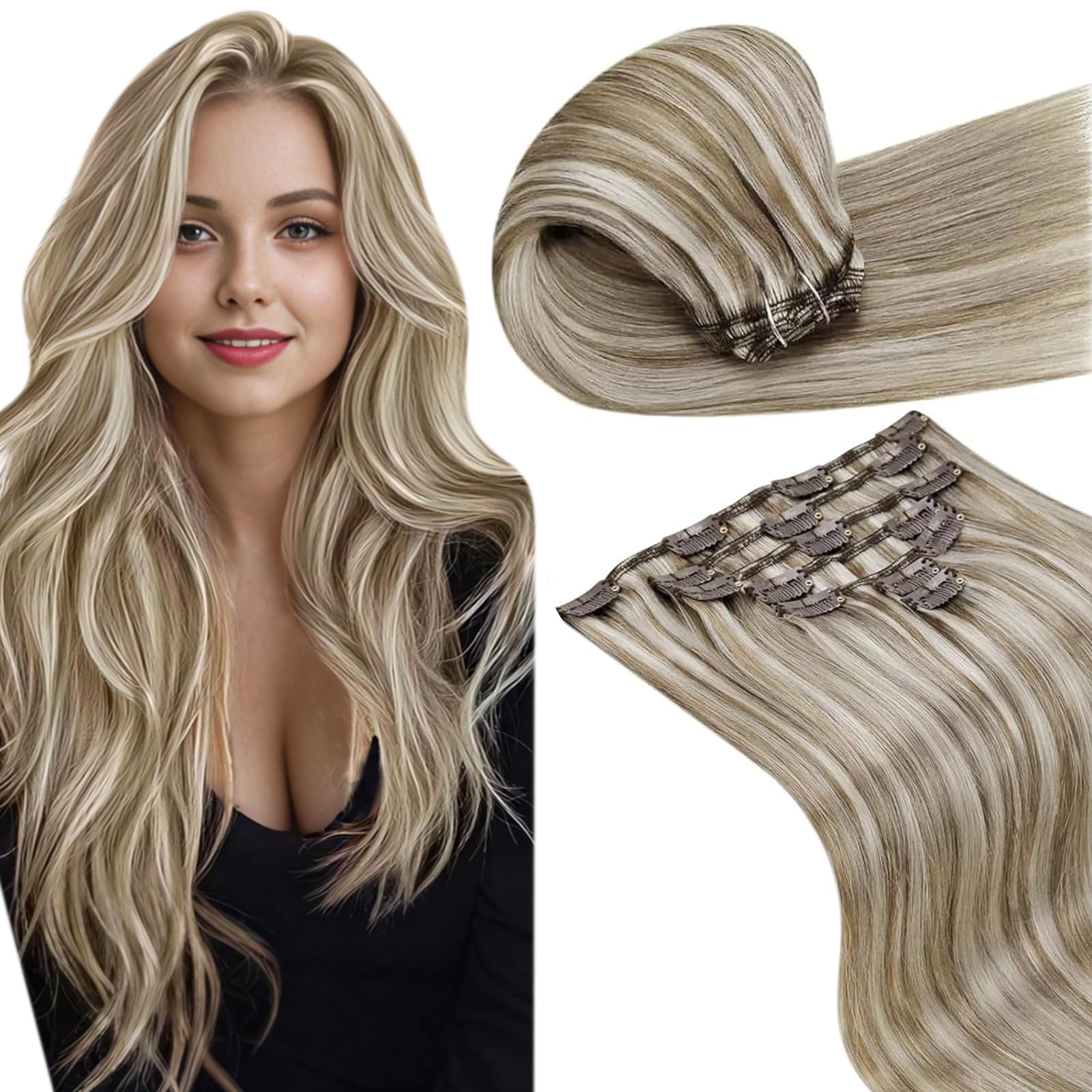 LaaVoo Clip in Hair Extensions Real Human Hair Blonde Hair Extensions Clip in 16 Inch 120g 7pcs Full Head Straight Highlight Brown & Light Blonde Remy Hair Double Weft #p8/24