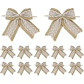 AIMUDI Natural Burlap Lace Bows 4 Inch Rustic Burlap Bows for Christmas Tree Decorations Vintage White Lace Wedding Bows Jute Wreath Bows Gift Bows for Crafts Baby Shower Diaper Cake - 12 Counts