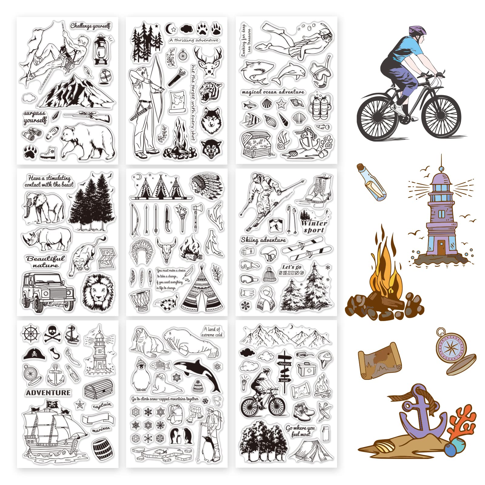 GLOBLELAND 9Pcs Outdoor Adventure Animals Forest Clear Stamps 16x11cm Silicone Stamp Seal Transparent Silicone Stamps for Card Making Journal Decoration and DIY Scrapbooking